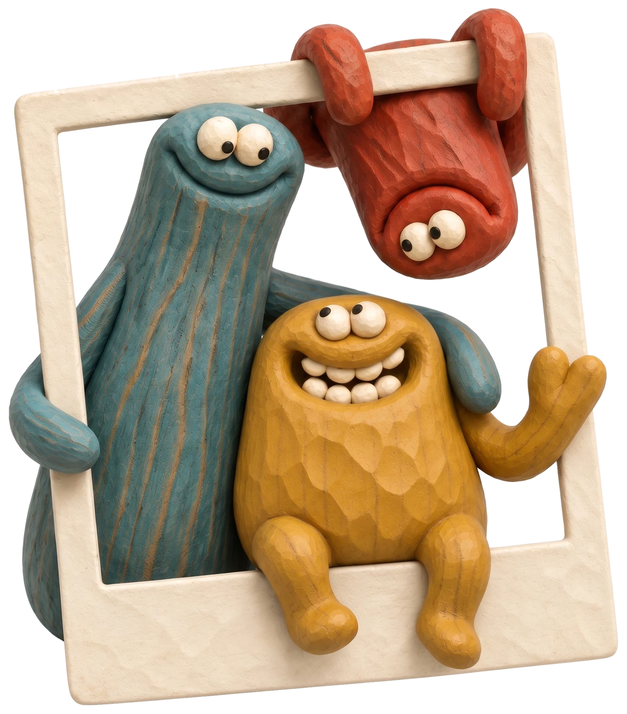 Nori, Momo and Flip, three painted wood friends, holding a Polaroid frame together